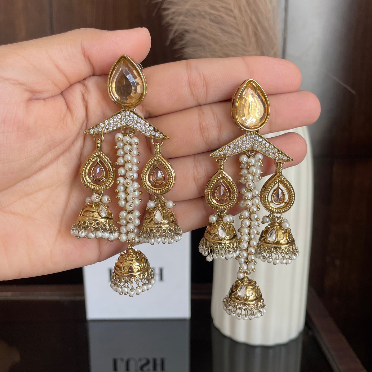 Royal Pearl Jhumka Chandbali Earrings