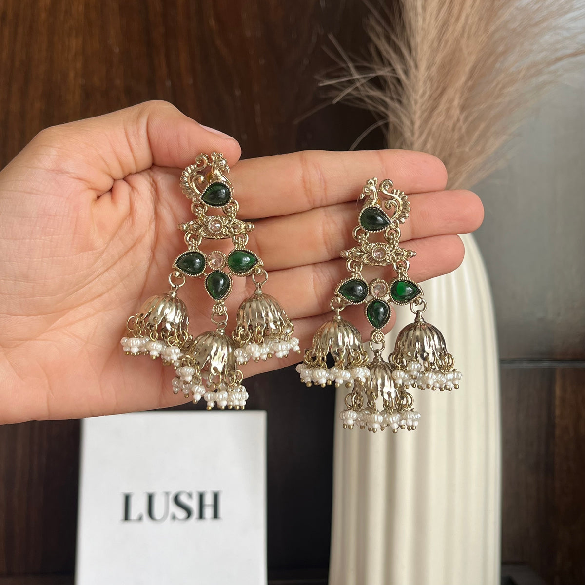 Regal Peacock Triple Jhumka Earrings