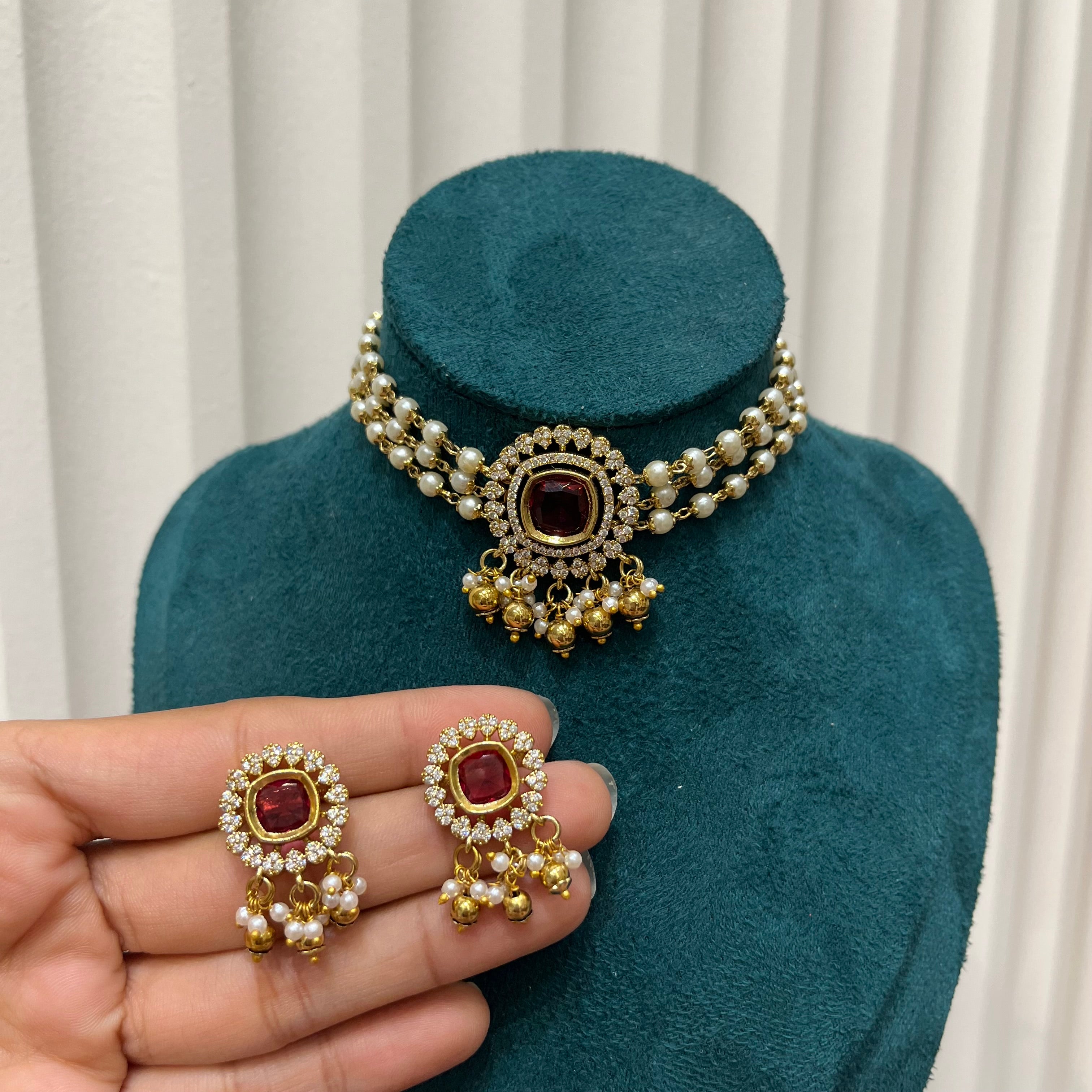 Ruby Blossom Pearl Choker Set