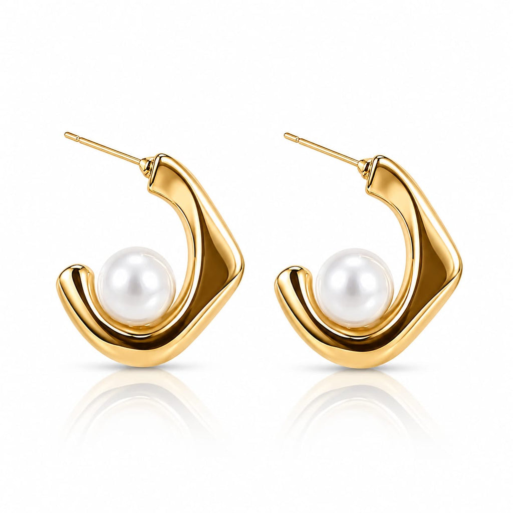 Organic Gold Open Hoop with Floating Pearl