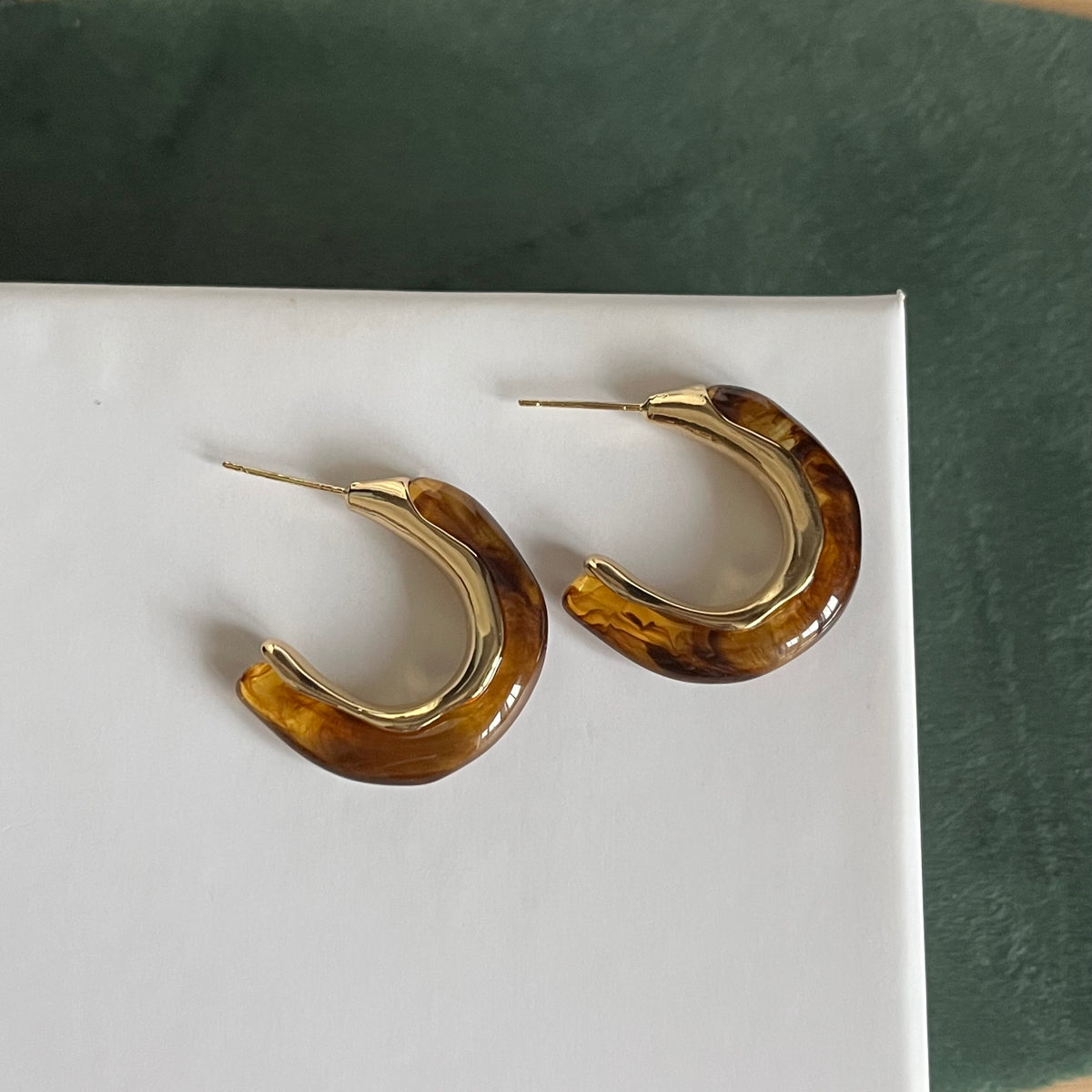 Amber Resin & Gold Curved C-Hoops