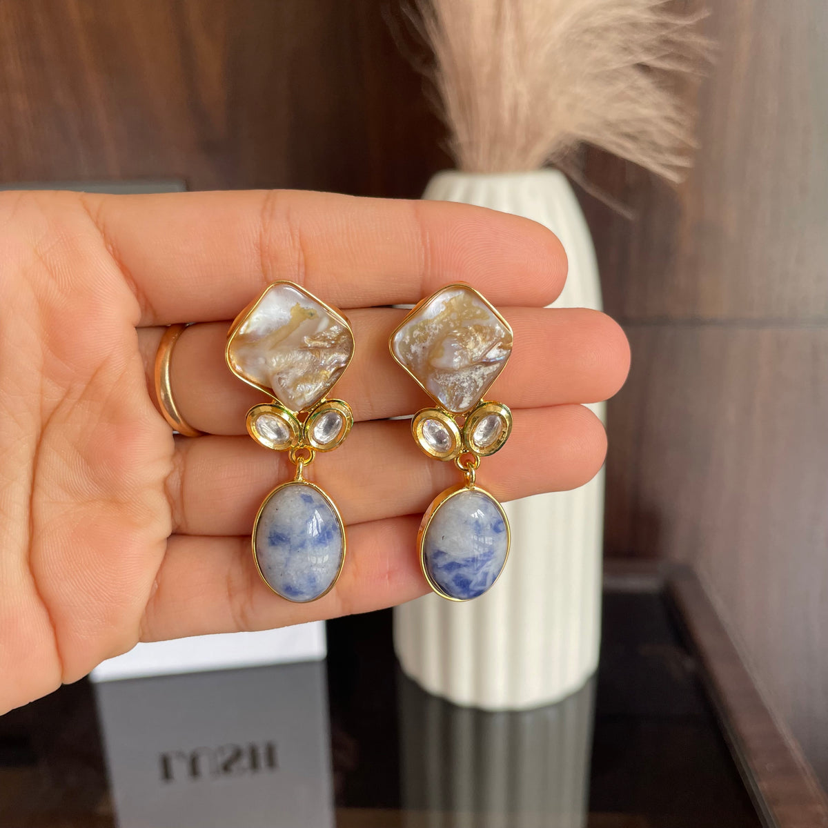 Pearl & Blue Stone Drop Earrings