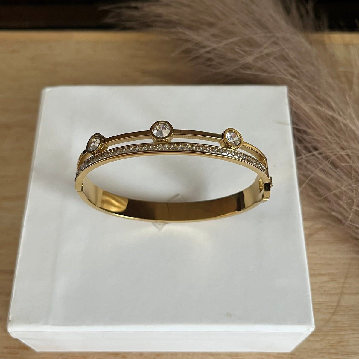 Triple Stone Crystal Gold Bracelet|Standard Size