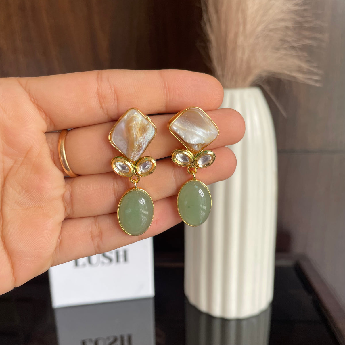 Pearl & Green Stone Drop Earrings