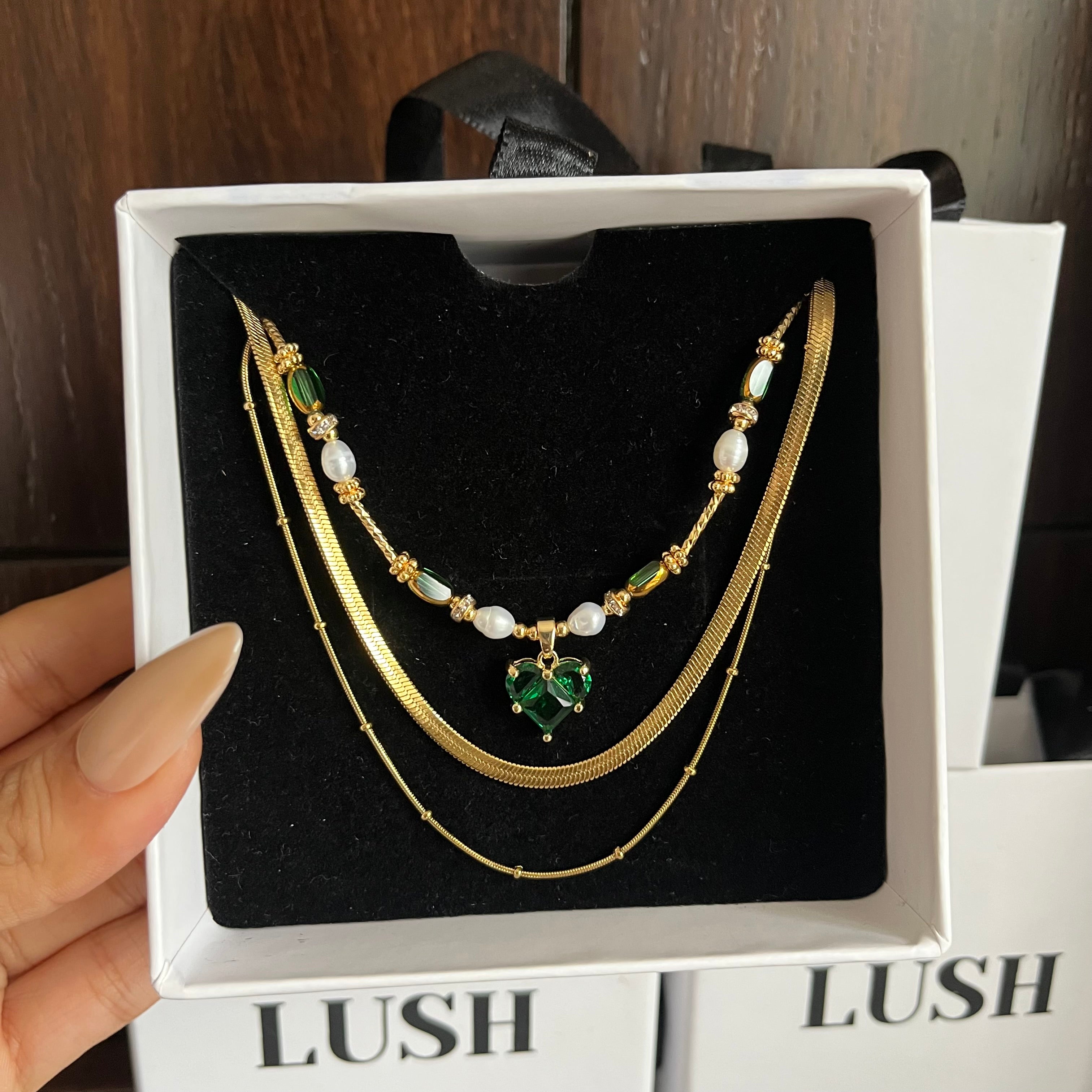 Emerald Heart Layered Necklace Set