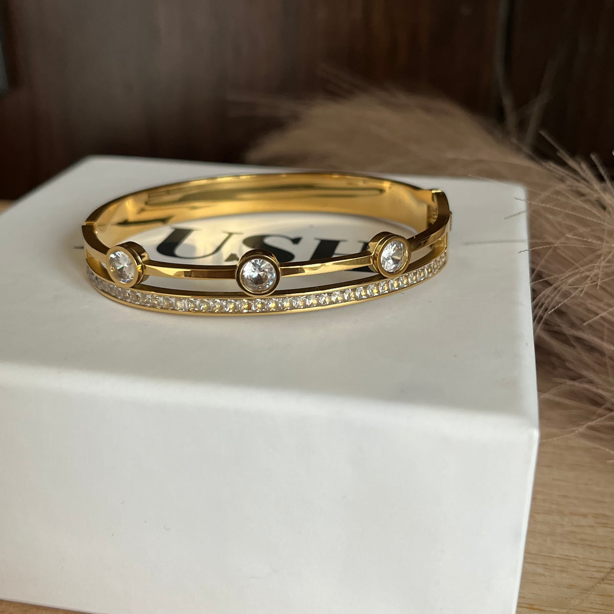 Triple Stone Crystal Gold Bracelet|Standard Size