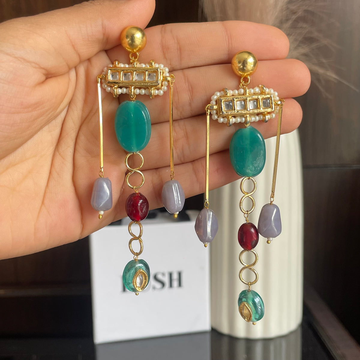 Teal Stone Long Drop Earrings