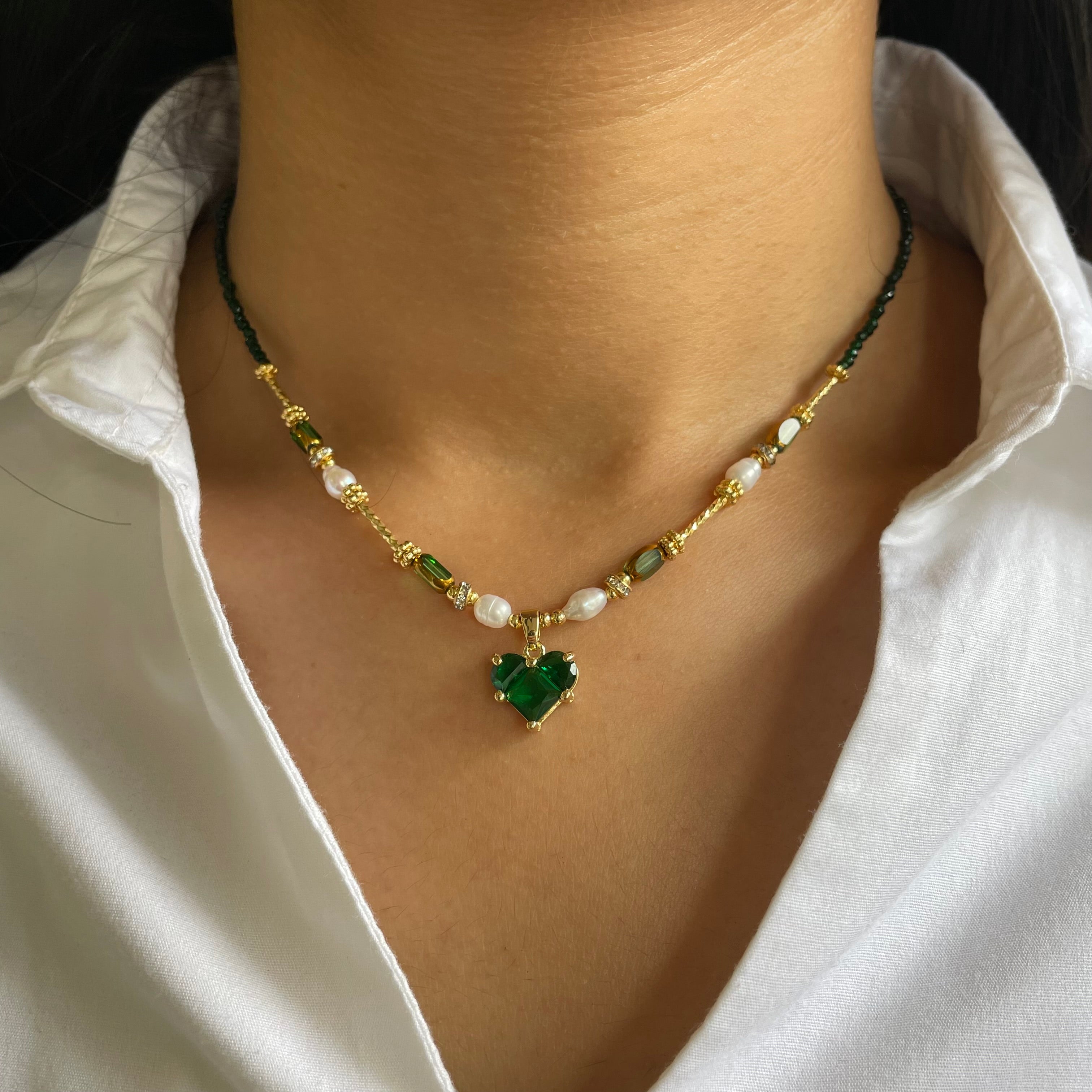 Emerald Heart Pearl Charm Necklace