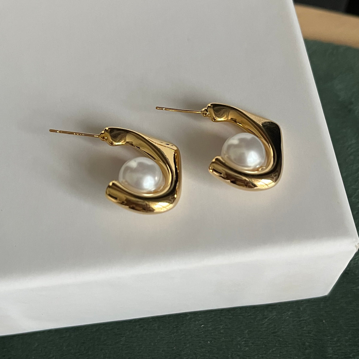 Organic Gold Open Hoop with Floating Pearl