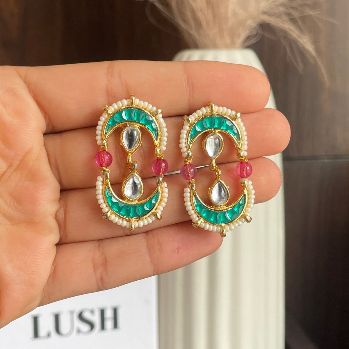 Emerald Pink Dual-Moon Earrings