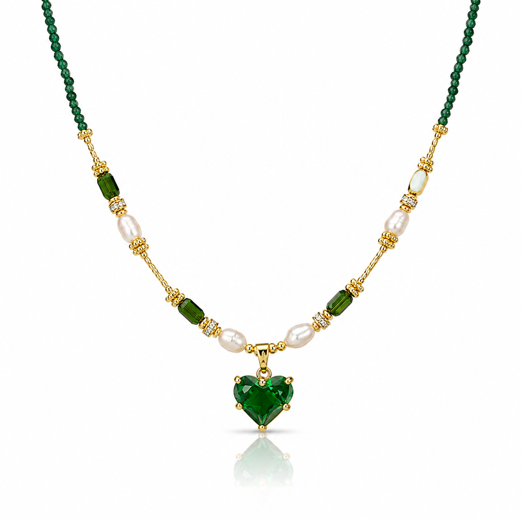 Emerald Heart Pearl Charm Necklace