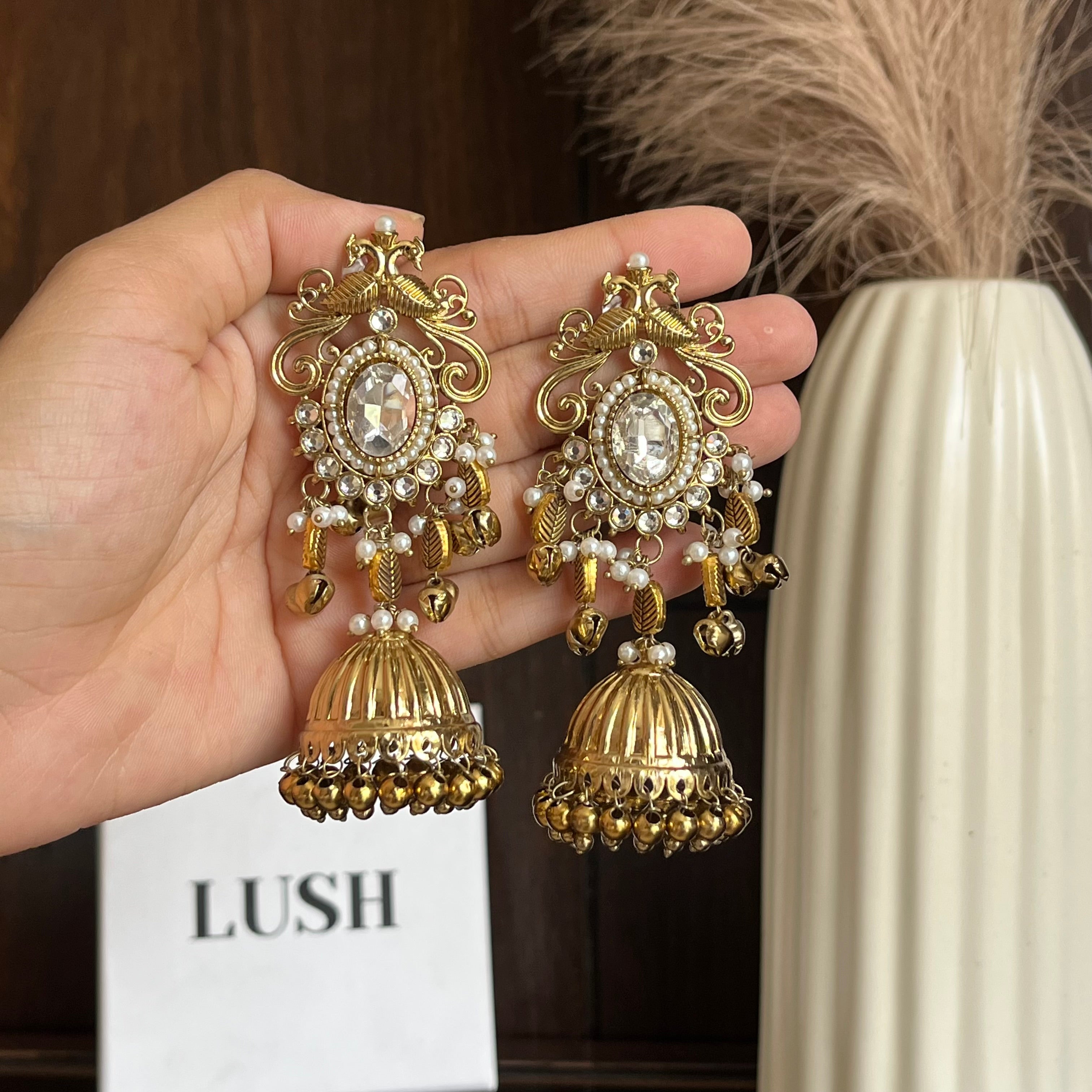 Vintage Gold Kundan & Pearl Jhumka Earrings