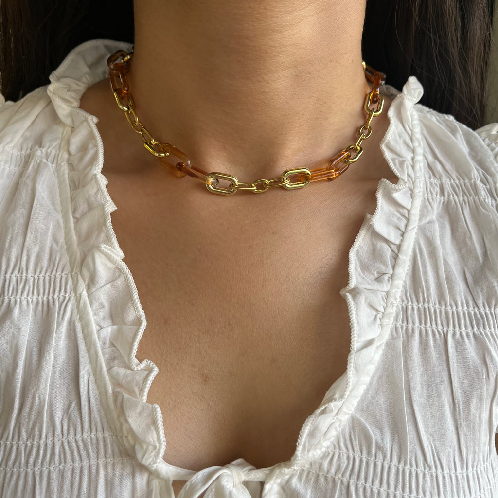 Modern Tortoise-Shell & Gold Link Necklace