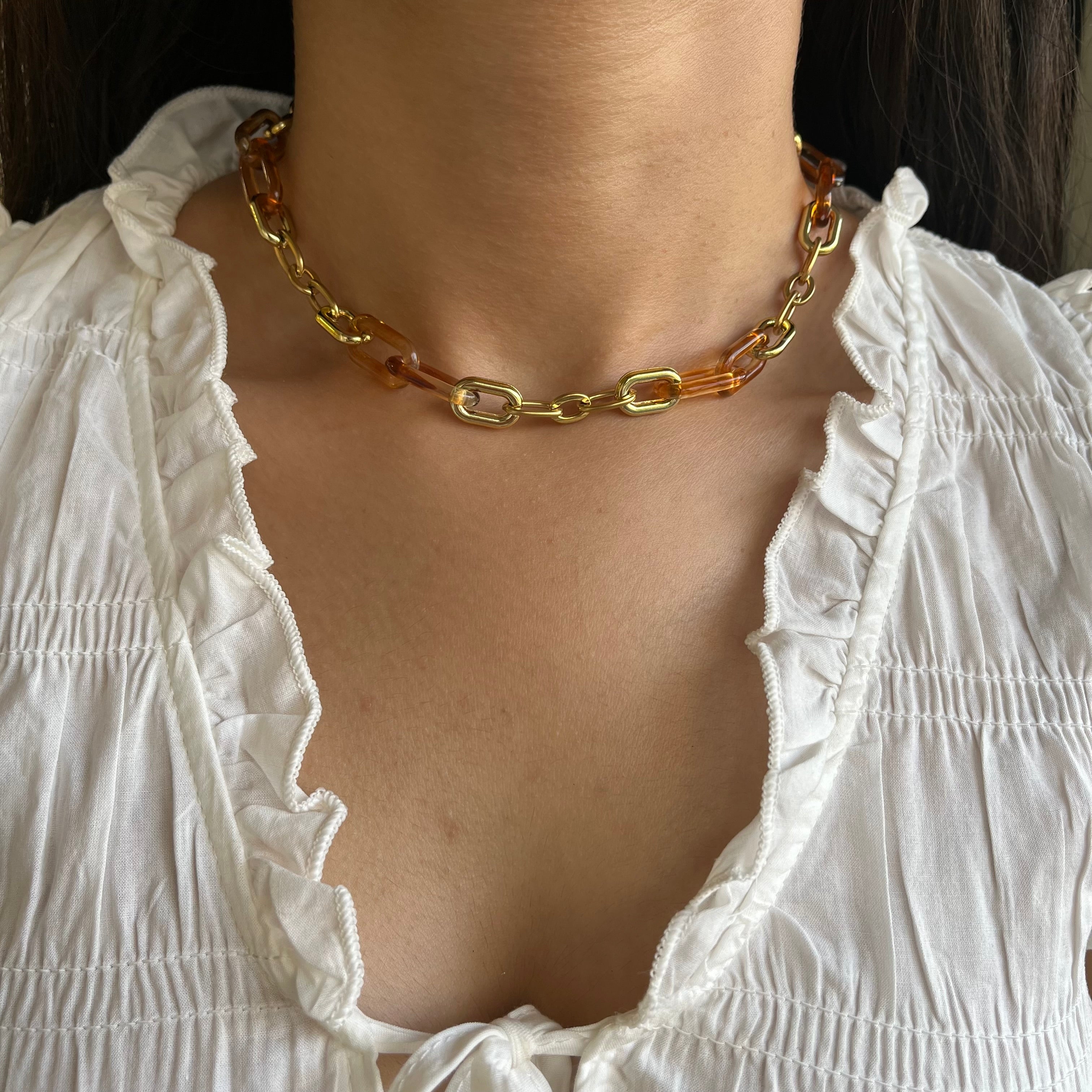 Modern Tortoise-Shell & Gold Link Necklace