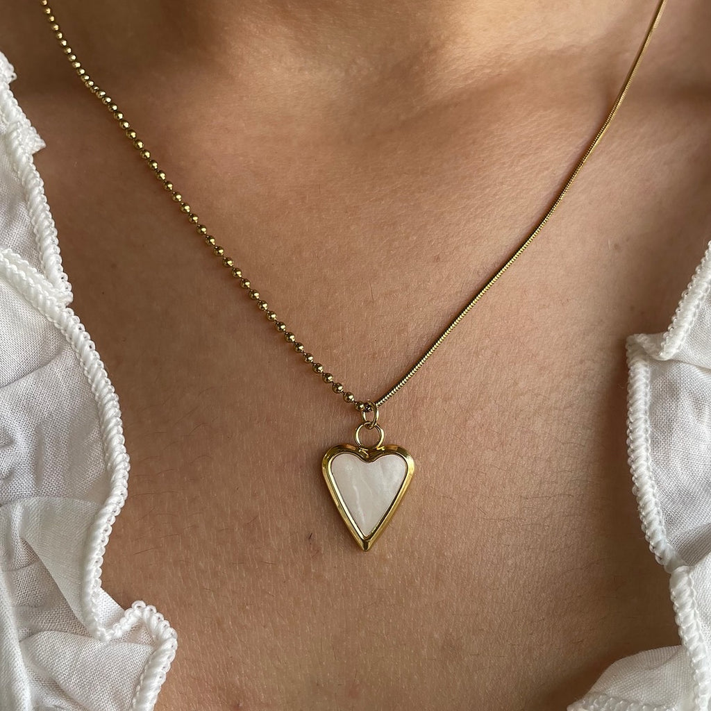 Gold-Bordered Pearl Heart Necklace